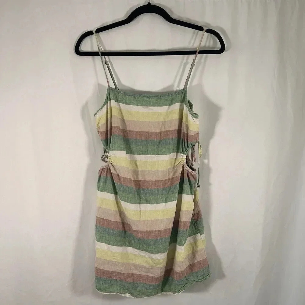 aerie Linen Blend Mini Dress Womens Medium Multicolor Striped Side Cut Out Strap